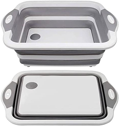 Tabla de cortar plegable, tabla de cortar de cocina plegable 3 en 1, escurridor de lavabo y cuenco de lavado, tapón de drenaje para bañera, tijeras de cocina, cesta de drenaje portátil para camping, p