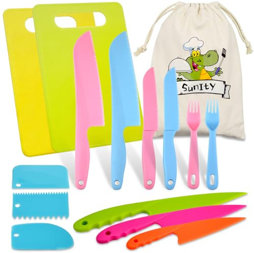 Xanotron Kindermesser 16-teiliges Schneidemesser Kinder Küchenmesser Set zum Schneiden und Kochen von Obst, inklusive Holzmesser Schneidebrett Gabeln, 2 Jahre Geschenksets für Kinder