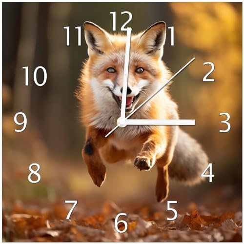 Wallario Design-Wanduhr Rennender Fuchs aus Glas, Motiv-Uhr Größe 30 x 30 cm, weiße Zeiger