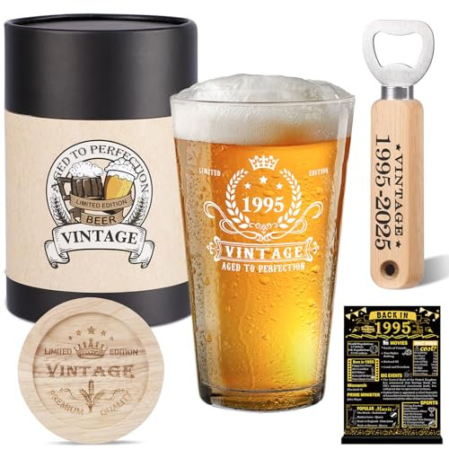 30th Birthday Gifts for Men, Vintage 1995 Beer Glass, Wooden Bottle Opener, Vintage Beer Box, Wooden Coaster, 1995 Greeting Card and Poster Anniversary Card 30th Birthday Gift Ideas for Him