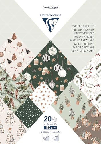Clairefontaine 95548C - Bloc de 20 Feuilles à Motifs Noël Cosy Format A4 (21x29,7cm) 160g/m² + 2 planches d'étiquettes à découper + Idée Créative - Papier Scrapbooking Loisirs Créatifs