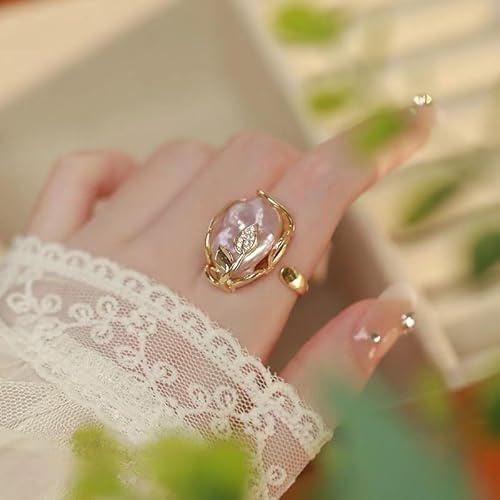 Perlenring für Damen, unregelmäßiger Perlenring, Blatt-Strassring, Barockperlenring, goldener Vintage-Perlen-Stapelring, verstellbarer Ring mit offenem Ende, modischer personalisierter Perlenring