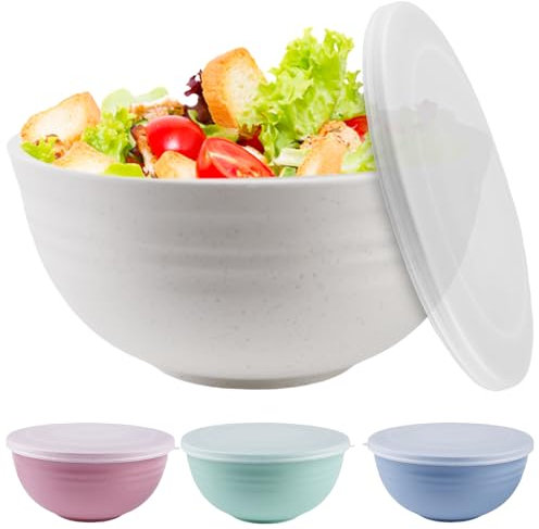 BAIFULAI 4 Stück Salatschüssel mit Deckel, Müslischale, Rührschüssel aus Lebensmittelechte Kunststoff, Plastikschüssel, Leicht & Bruchsicher, Stapelbar, Suppenschüssel für Kinder und Erwachesene