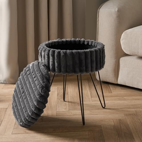 OHS Charcoal Stool Chair Faux Fur Ribbed Storage Dressing Table Stool with Hairpin Legs Soft Fluffy Ottoman Stool for Living Room Bedroom Dressing Area, One Size