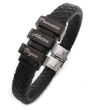 ALMENDRA Bracciale uomo personalizzato pelle festa del papà personalizzabile con incisione nomi figli acciaio nero simil pelle