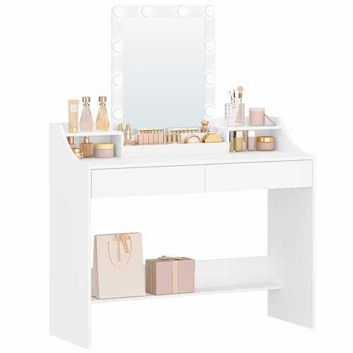 Hzuaneri Schminktisch mit LED-Beleuchtung,108cm, Einstellbare Helligkeit, Schminktisch mit Spiegel, mit 2 Schubladen und 3 Offenen Fächern, Modern, Weiß DT40803X