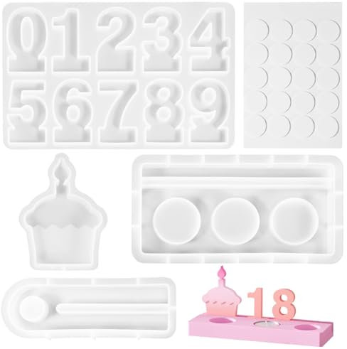 Lot de 4 moules en silicone - Chiffres - Support de bougie d'anniversaire - Moule à gâteau DIY pour fêtes et fêtes d'anniversaire