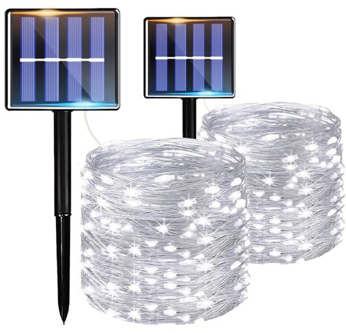 taiyongkang [2er Pack] Solarlichterkette Outdoor 12m 100LED - LED Solar Lichterkette Außen IP65 Wasserdicht mit 8 Modi & Automatik - Solar Lights Outdoor für Garten, Terrasse, Balkon - Weiß