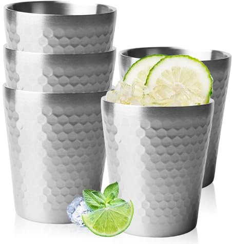 5 bicchieri in acciaio inox, 300 ml, impilabili, senza manico, in metallo, fiaschetta a doppio strato, in acciaio inox, per birra, succhi di frutta, acqua (argento)