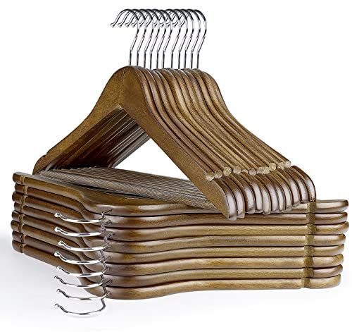32er Set Kleiderbügel aus Holz,Premium bügel aus Massivholz–Mit Rutschfester Hosensteg,360°Drehhaken & Schulterkerben–Ideal für Anzüge, Hemden & Blazer，44,5 x 23 cm，Nussbaum Hangers
