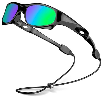 VATTER Lunettes de soleil polarisées pour enfants avec protection UV400 – Monture flexible et sangle réglable pour sports de plein air et vacances, Verres noir/vert