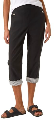 Roman Cropped Stretch Trouser for Women UK - Ladies Capri Pants Summer Leggings 3/4 Three Quarter Pedal Pusher Elasticated Waist Cut Off Contrast Detail Pull On Work - Stripe Black - Size 20