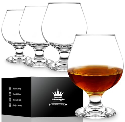 Almagic Brandy Snifter Glasses Set of 4-11 oz / 330 ml Cognac Glasses Set, Pure Clear Short Stem Wine Glass Set for Brandy & Whiskey, Dishwasher Safe, Gifts for Men