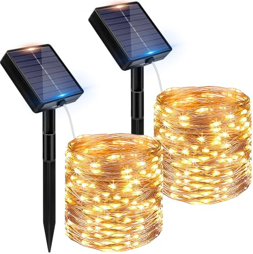Peasur 2 Pack Solar String Lights Outdoor Garden, Total 24M 240 LED Fairy Lights Solar Powered Waterproof IP65, 8 Modes Copper Wire Solar Light for Yard Patio Party Christmas Decoration, Warm White