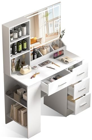 Vescence Schminktisch mit Spiegel und Beleuchtung 90 cm Breit, 2-stufiger Seitenschrank, Frisiertisch mit LED Spiegel, 4 Rechte Schubladen, 3 Farben mit Einstellbarer Helligkeit Weiß, Silbergriffe