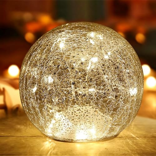 Mercury Crackle LED Glass Globe Ball Lamp, Battery Operated Night Light for Girls, Birthday, Halloween,Christmas - Decorative Gift for Home Warm White