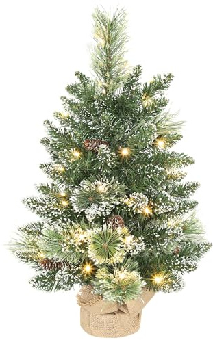 HOMCOM 60 cm Prelit Small Christmas Tree, Snow Flocked Tabletop Mini Xmas Tree with 35 LED Lights, Pine Cones and Linen Cover Base, Battery Operated, Green