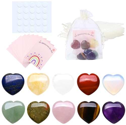 GUJOXILA Glückssteine Set Glücksbringer Herz Edelsteine Kristalle mit Karte | 10 Stück Bunte Einschulung Mutstein im Organzasäckchen Gastgeschenke für Schulanfang Kommunion Taufe Hochzeit
