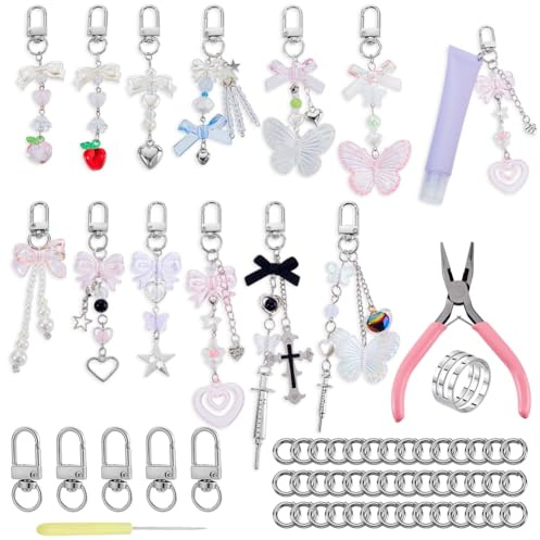 AHANDMAKER 12 Stück Lipgloss Schlüsselanhänger Lipgloss Anhänger Zubehör Set Mit Exquisiten Schmetterlings Schleifenknoten Perlen Liebesstern Perlen Zur Herstellung von Schlüsselanhängern