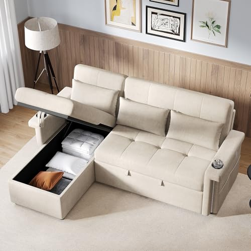 A ALFRESCOOL L-förmiges Ecksofa mit Schlaffunktion, Umwandelbar in EIN Schlafcouch mit Stauraum, LED-Beleuchtung und USB-Anschlüssen, Verstellbare Rückenlehne mit Kissen und Getränkeablage(Beige)