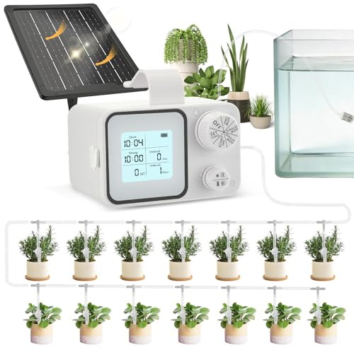 Sistema di irrigazione solare, irrigazione automatica per 20 piante in vaso, sistema di irrigazione a goccia ricaricabile con modalità giorno/timer + 15 m tubo per giardino, piante da interni e