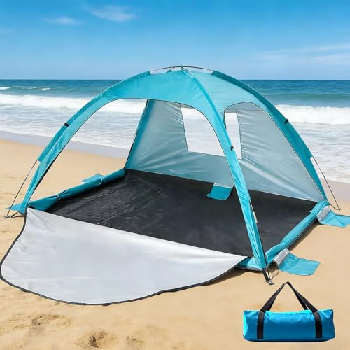 Strandmuschel, UV Schutz 50+ Familie Zelt für 3-4 Personen, Belüftung Strandzelt mit 3 Reißverschluss Türen und 1 Netzfenster, Tragbar Windschutz Sonnenschutz Strandzelt für Strand, Garten