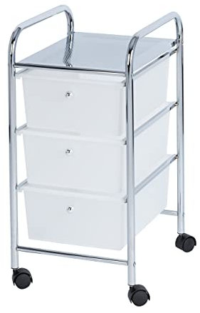 WENKO Rollwagen Messina mit 3 Schubladen - Badwagen, Haushaltswagen, Stahl, Chrom Weiß 65.5 x 39 x 33 cm