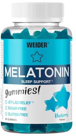Weider Melatonin Gummies (60 Caramelle Gommose) Sapore di Mirtillo, con 1mg di Melatonina per dose, Aiuta para il Sonno e contro il Jet lag, Senza Glutine, Senza Zucchero
