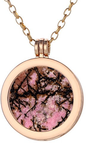 Morella Damen Halskette Gold 70 cm Edelstahl und Anhänger mit Edelstein Rhodonit Coin 33 mm Chakren Scheibe in Schmuckbeutel