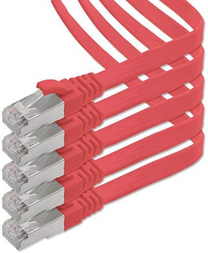 5m - rouge - 5 pièces Câble ruban LAN Ethernet Gigabit CAT.7 (RJ45) câble réseau câble brut (10Gbit/s) câble d'installation plat mince compatible avec Cat.5 - Cat.5e - Cat.6