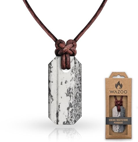 Wazoo Survival Gear Viking Whetstone Pendant | Knife Sharpener Necklace | Arkansas Novaculite on Leather Cord | Norse Inspired Knotwork | Made in USA!