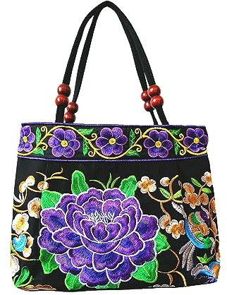 candygirlft Damen Handtasche, Ethno-Stil, Segeltuch, bestickt, Handtasche mit Blumenmuster, Violett (Violett) - M1