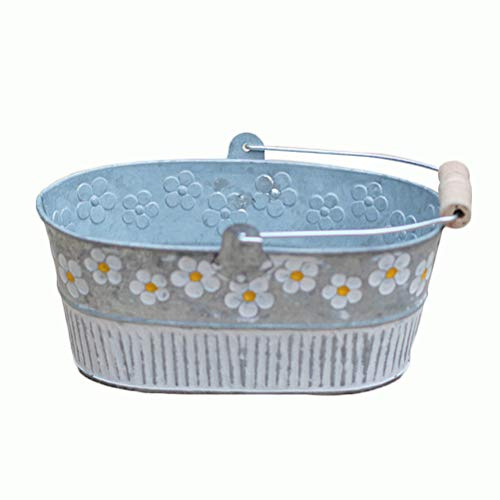 Yardwe Planter Flower Pot Steel Tub Vintage Daisy Embossed Garden Metal Tin Bucket Planter Pots with Handle Retro Home Decoration Wedding Window (Oval)
