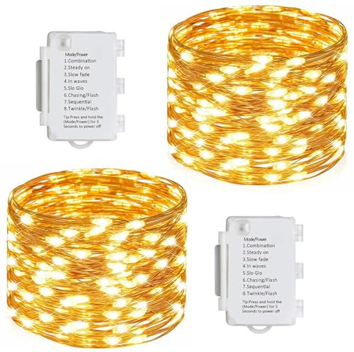 Koopower 2x11m 100er LED Lichterkette Batteriebetrieben, Automatisches Ein-Aus, 10M Kupferdraht + 1M Kabel, Warmweiß (8 Programm, IP65 Wasserdicht für Outdoor)