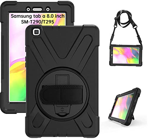 Gerutek Hülle für Samsung Galaxy Tab A 2019 8,0 Zoll (SM-T290/T295) Robust Stoßfest Schutzhülle, mit Drehbarer Ständer, Handschlaufe Schultergurt, Panzerhülle für Galaxy Tab T290N/T295N, Schwarz