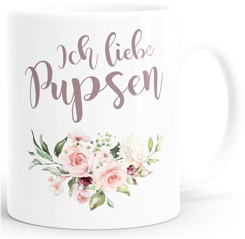 MoonWorks Kaffee-Tasse Ich liebe Pupsen Tasse Blumenkranz Rosen Weiss Keramik-Tasse