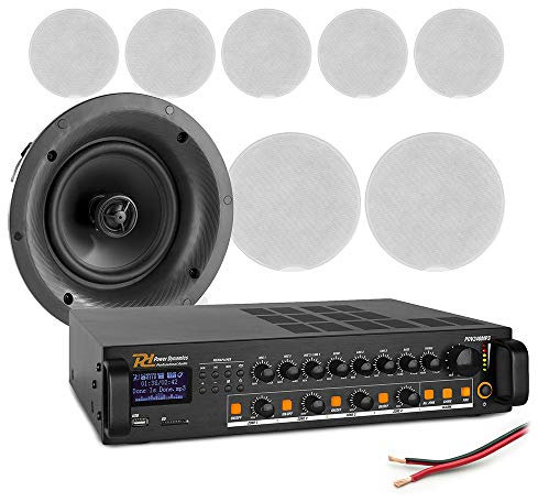 Power Dynamics 4-Zone Ceiling Speaker System with Mixer Amplifier, 8x 6.5 Inch 100V Coaxial Speakers & Bluetooth PA Audio for Background Music in Shops, Restaurants & Commercial Spaces