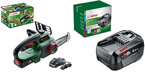 Bosch Tronçonneuse sans Fil (Livrée avec 1 Batterie 18v - 2,5ah, Huile 80 Ml, Système 18v, Longueur de Guide: 20cm) & Bosch Kit de démarrage - Pack batterie compact pour