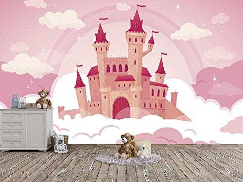 Oedim Tapete für Kinderwand, Schloss in Wolken, Rosa | Wandbild | Tapete | 200 x 150 cm | Dekoration für Esszimmer, Wohnzimmer, Zimmer