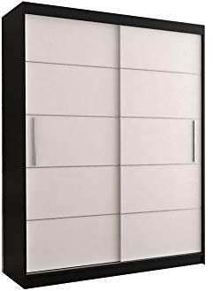 E-MEUBLES Kleiderschrank Schwebetürenschrank 2-türig Schrank mit vielen Einlegeböden und Kleiderstange Schiebetürenschrank Gaderobe Schiebtüren BxHxT 150x200x61 - Lara 06 (Schwarz + Weiß)
