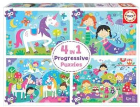 Educa - Fantasiewelten, 4in1 Kinderpuzzle mit 20, 40, 60 und 80 Teilen, ab 4 Jahren, progressives Puzzle, Märchen (18905)