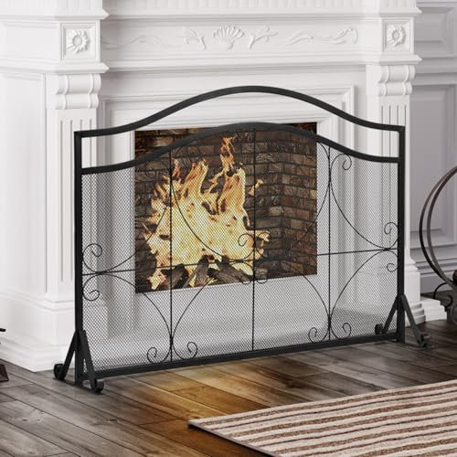 COSTWAY Fire Guard, Wide Spark Flame Barrier Fireplace Screen, Solid Wrought Iron Mesh Spark Fire Panels Fence for Wood and Coal Firing, Stoves, Grills (112 x 33 x 83cm, Triangle Base, Black)