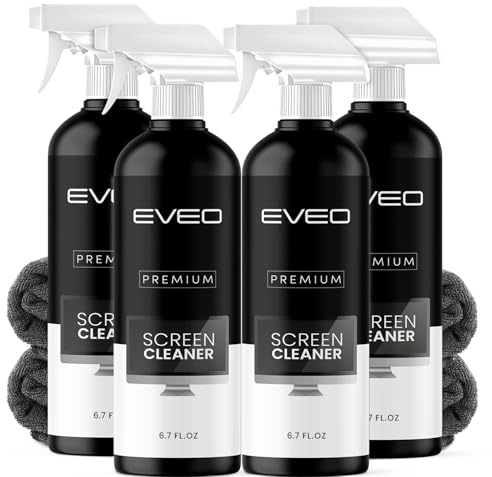 EVEO® Screen Cleaner Spray Kit (Streak-Free) TV Screen Cleaner for Smart TV, LCD, LED, OLED | Computer Screen Cleaner Spray and Wipe Microfiber Cloth - TV, Monitor, Laptop, iPad, Car - 6.7oz 4 Pack