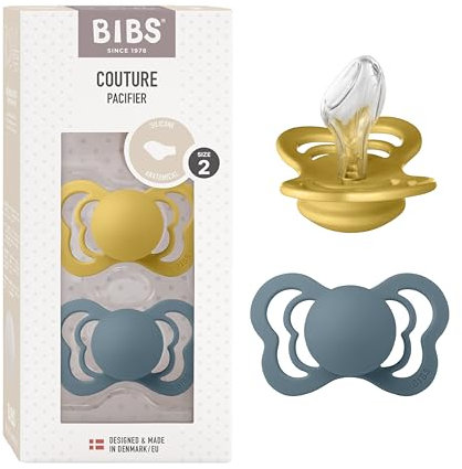 BIBS Couture Schnuller 2er-Pack, BPA-frei, Kiefergerechte Form. Silikon, Hergestellt in Dänemark. 6-18 Monate (2er Pack), Mustard/Petrol
