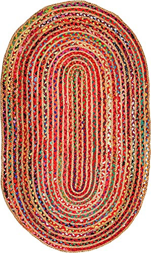 KEMA Teppich, Jute, Baumwolle, mehrfarbig, 61x91 cm, handgewebt, wendbar, für Wohnzimmer, Küche, Eingangsbereich, Flickenteppich, 7x90 cm, rustikaler Teppich, natürlicher Look