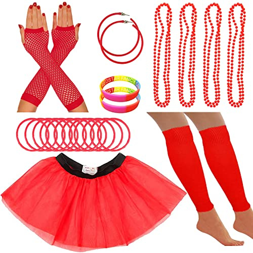 80s Fancy Dress Neon Accessories Tutu Party Costume, Adult Leg Warmers, Fishnet Gloves, 1980s Style Necklace Beads, Neon Hoop Earrings, Gummy Bracelets Womens Hen Party Rave Outfit (Red)