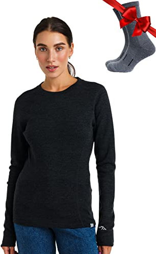 Merino.tech Merino Shirt Damen Langarm - Premium 100% Merino Unterwäsche Damen Langarmshirt, Sportunterhemden + Wollsocken (Medium, 320 Charcoal Grey)
