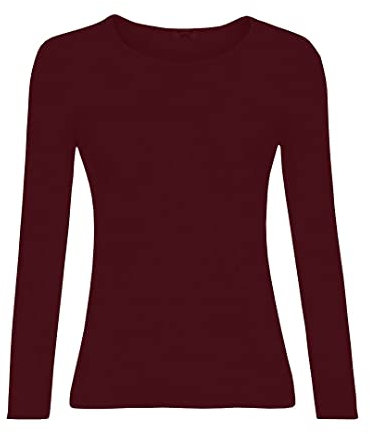 KATSSI Women’s Ladies Long Sleeve Stretch Plain Round Scoop Neck T Shirt Top ML Wine