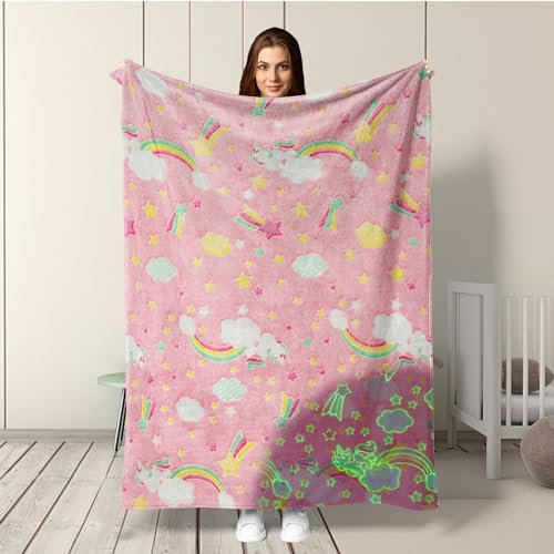 Kuscheldecke Kinder Mädchen Einhorn Kuscheldecke Leuchtet im Dunkeln,Sofadecke Kinderdecke für Mädchen Junge, Geschenke Christmas, Ganzjahresdecke für Kinder(Einhorn 3, 150x200cm)
