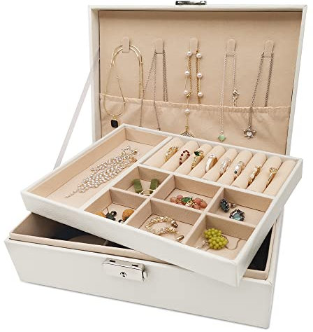 Pahajim Schmuckaufbewahrung für Damen Mädchen, Schmuckkästchen 2-stöckige Schmuckkasten PU-Leder Schmuckschatulle Jewelry Organizer Schmuckbox für Ringe, Ohrringe, Armbänder und Halsketten